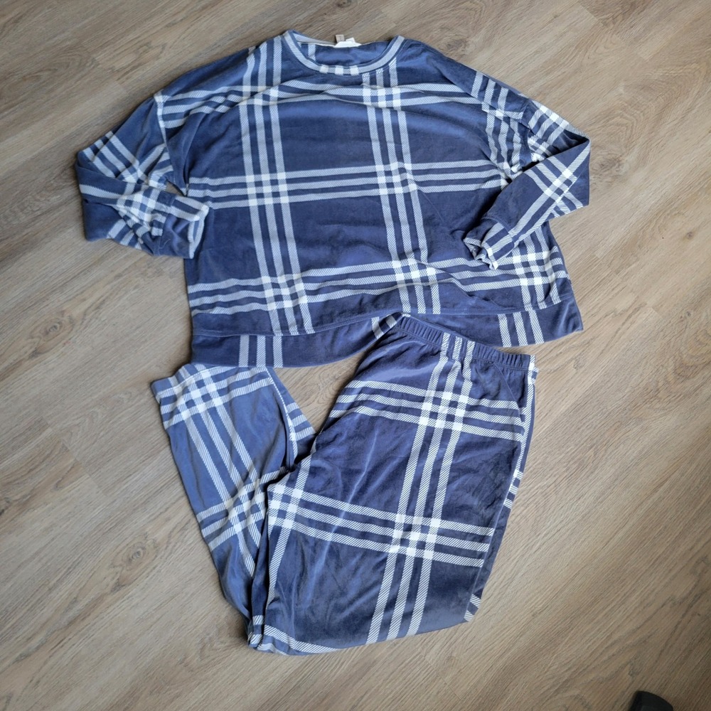 Joyspun Women Pajama Set XL Blue Plaid Velour Soft‎ Loungewear 2pc Set